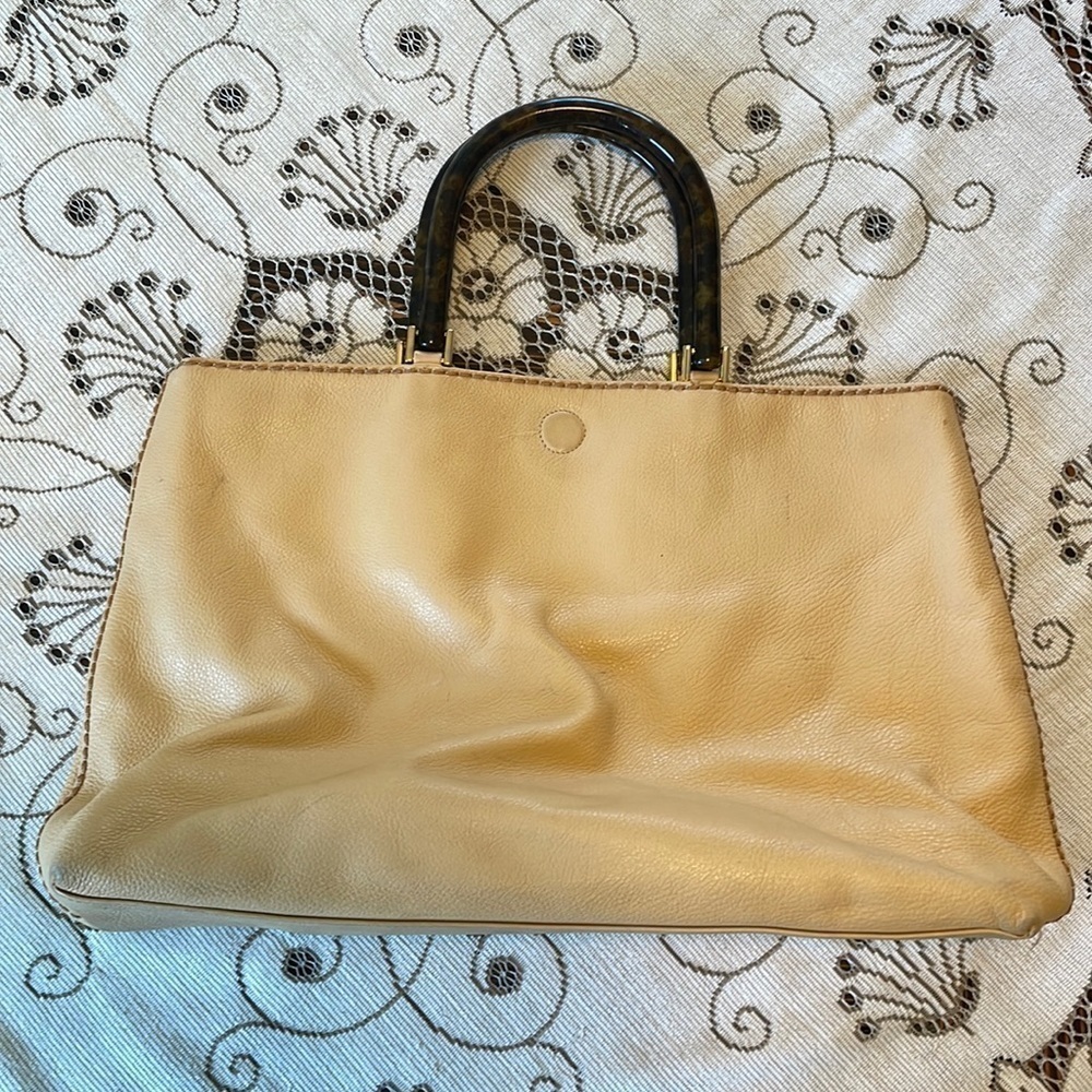 Plinio Visona Light Camel Leather Tortoise Like Handle Shoulder Bag or Tote